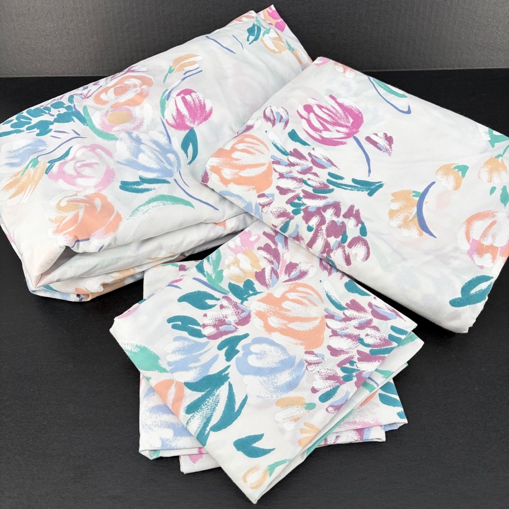 Royale Floral Sheet Set Full White Vintage Pastel Watercolor Made in USA 4pc